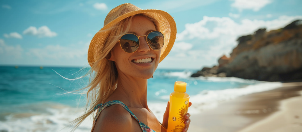 tjej med solkram pa stranden